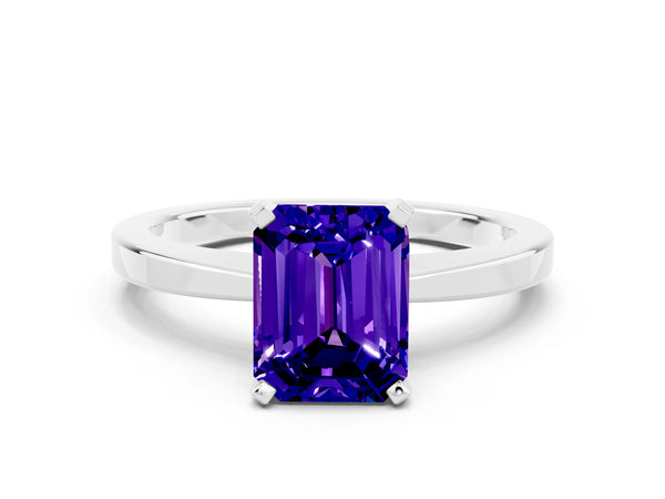 White gold Emerald Cut Tanzanite Solitaire Engagement Ring with Classic Band and Four-Prong Setting