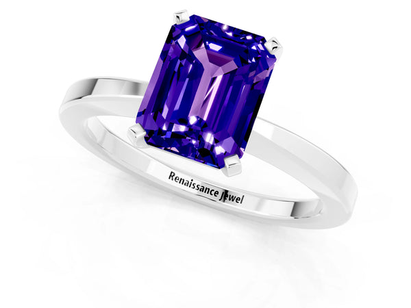Silver Emerald Cut Tanzanite Solitaire Engagement Ring with Classic Band and Four-Prong Setting