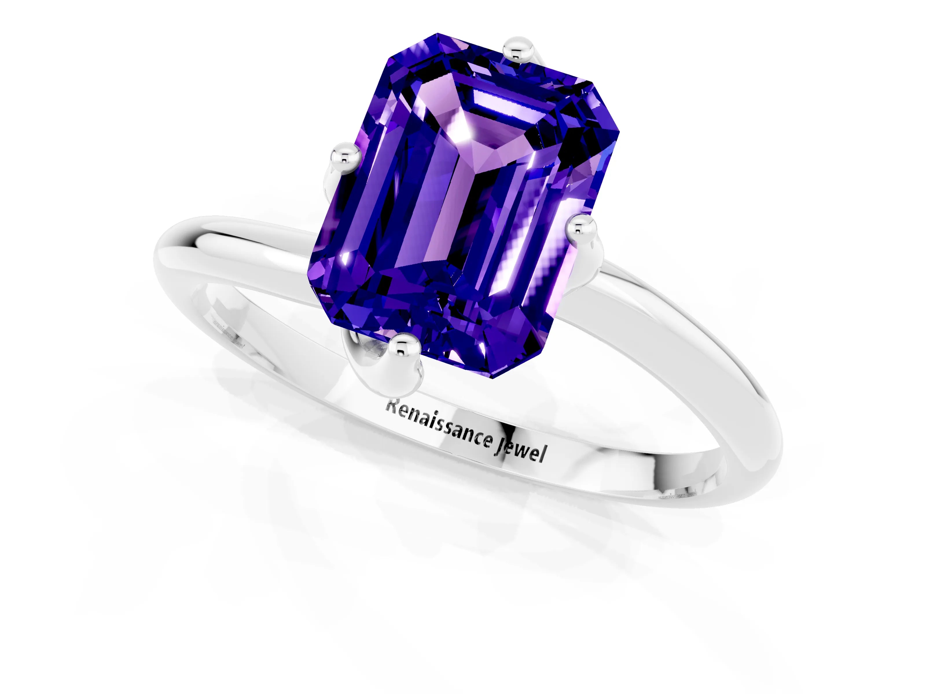 White gold Emerald Cut Tanzanite Solitaire Engagement Ring with Four-Prong Setting and Classic Band_13