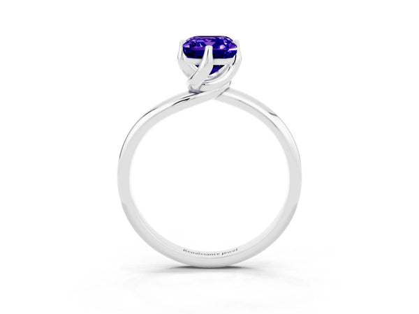 Platinum Emerald Cut Tanzanite Solitaire Engagement Ring with Four-Prong Setting and Classic Band