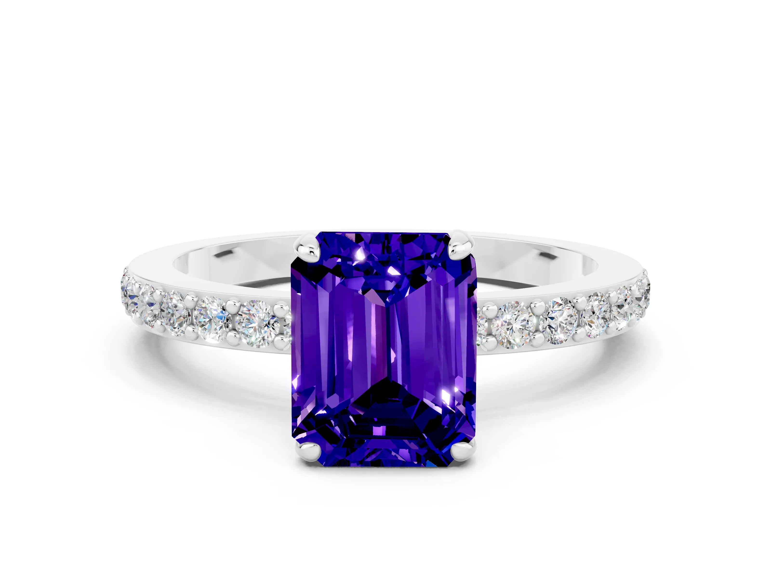 White gold Emerald Cut Tanzanite Solitaire Engagement Ring with Pavé Band and Four-Prong Setting