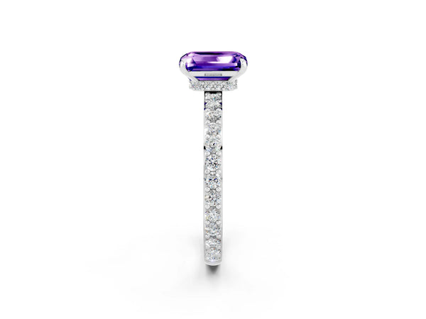 White gold Emerald Cut Tanzanite Solitaire Engagement Ring with Pavé Band and Four-Prong Setting