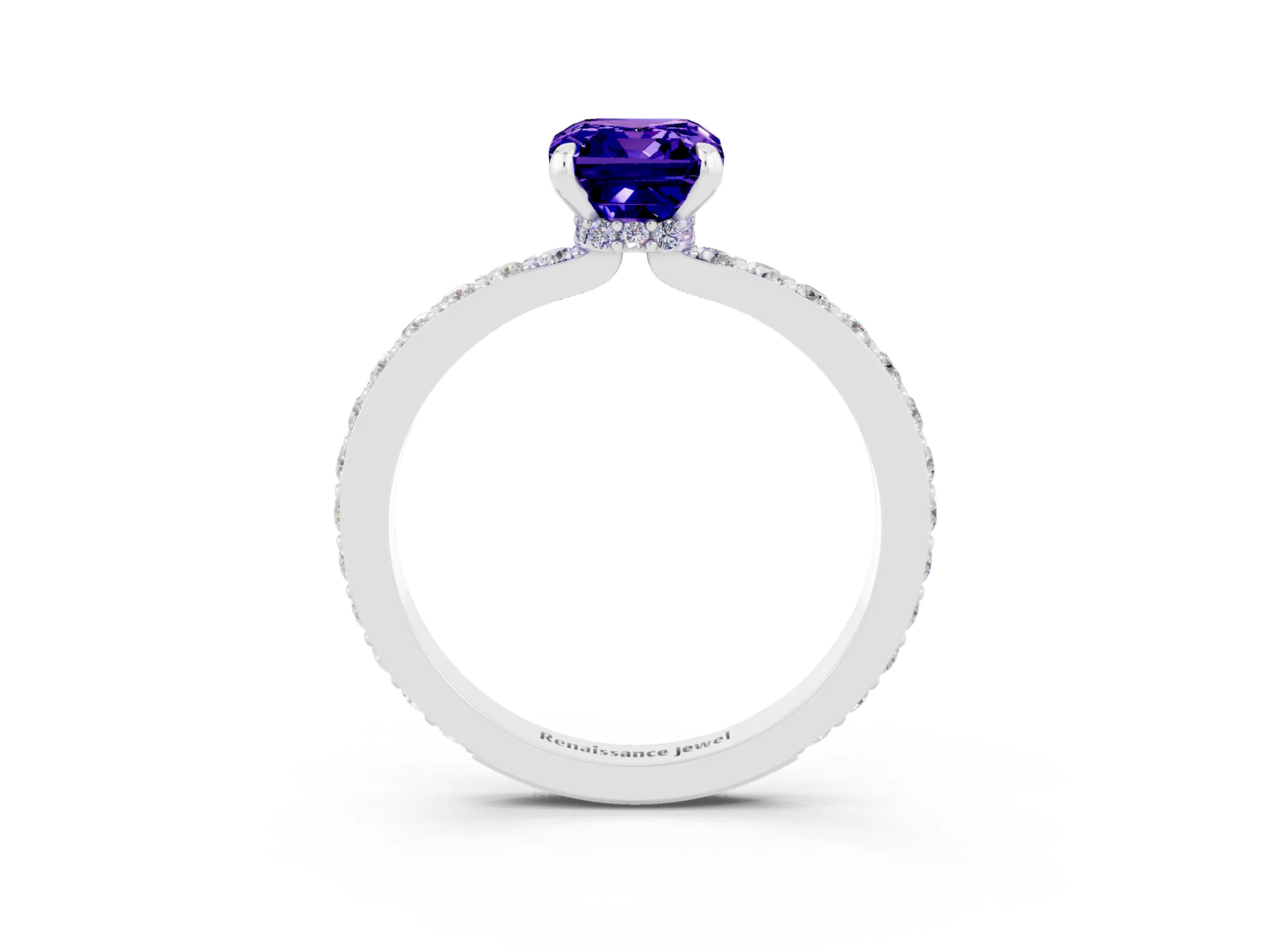 White gold Emerald Cut Tanzanite Solitaire Engagement Ring with Pavé Band and Four-Prong Setting_3