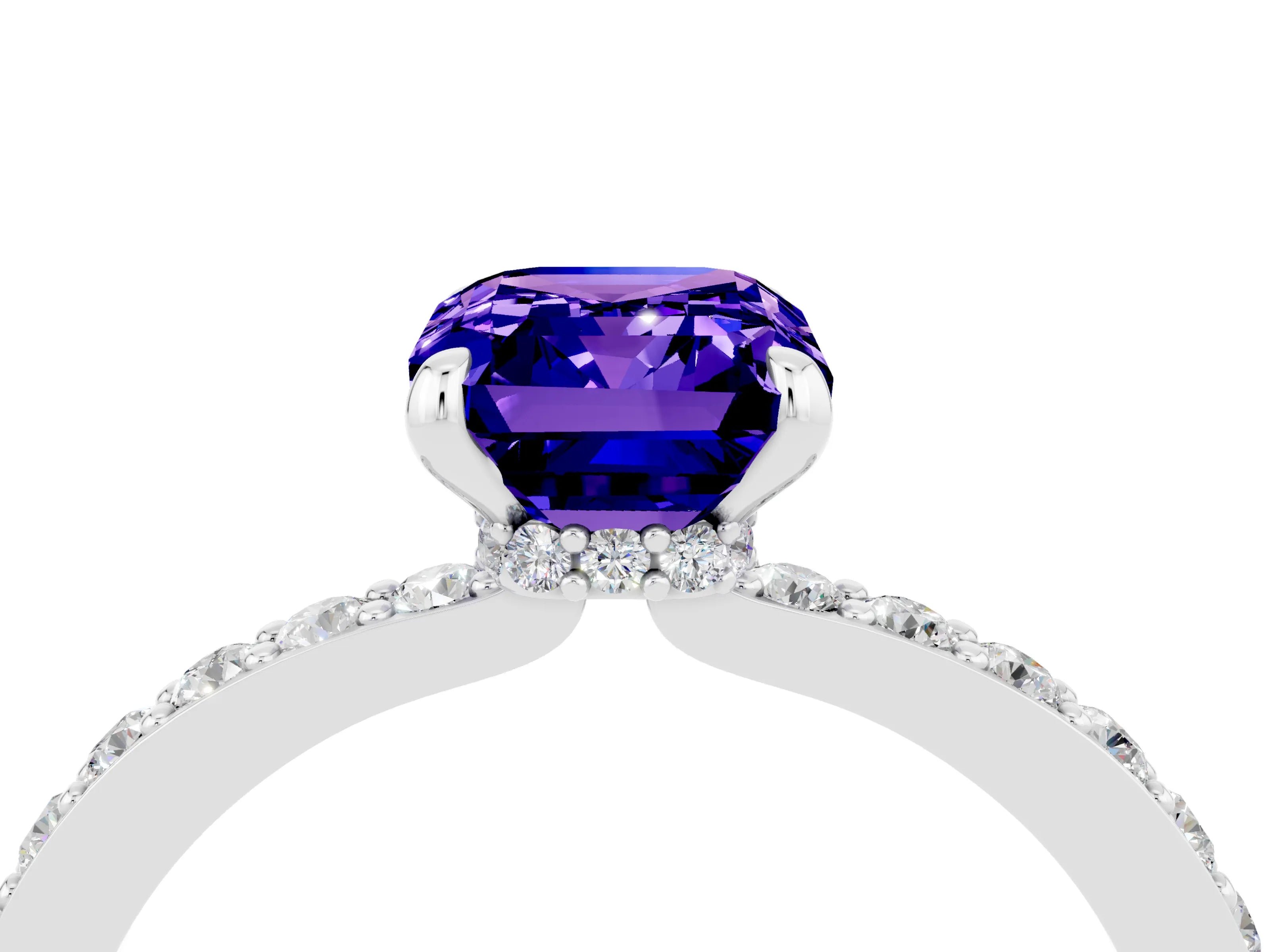 White gold Emerald Cut Tanzanite Solitaire Engagement Ring with Pavé Band and Four-Prong Setting_4