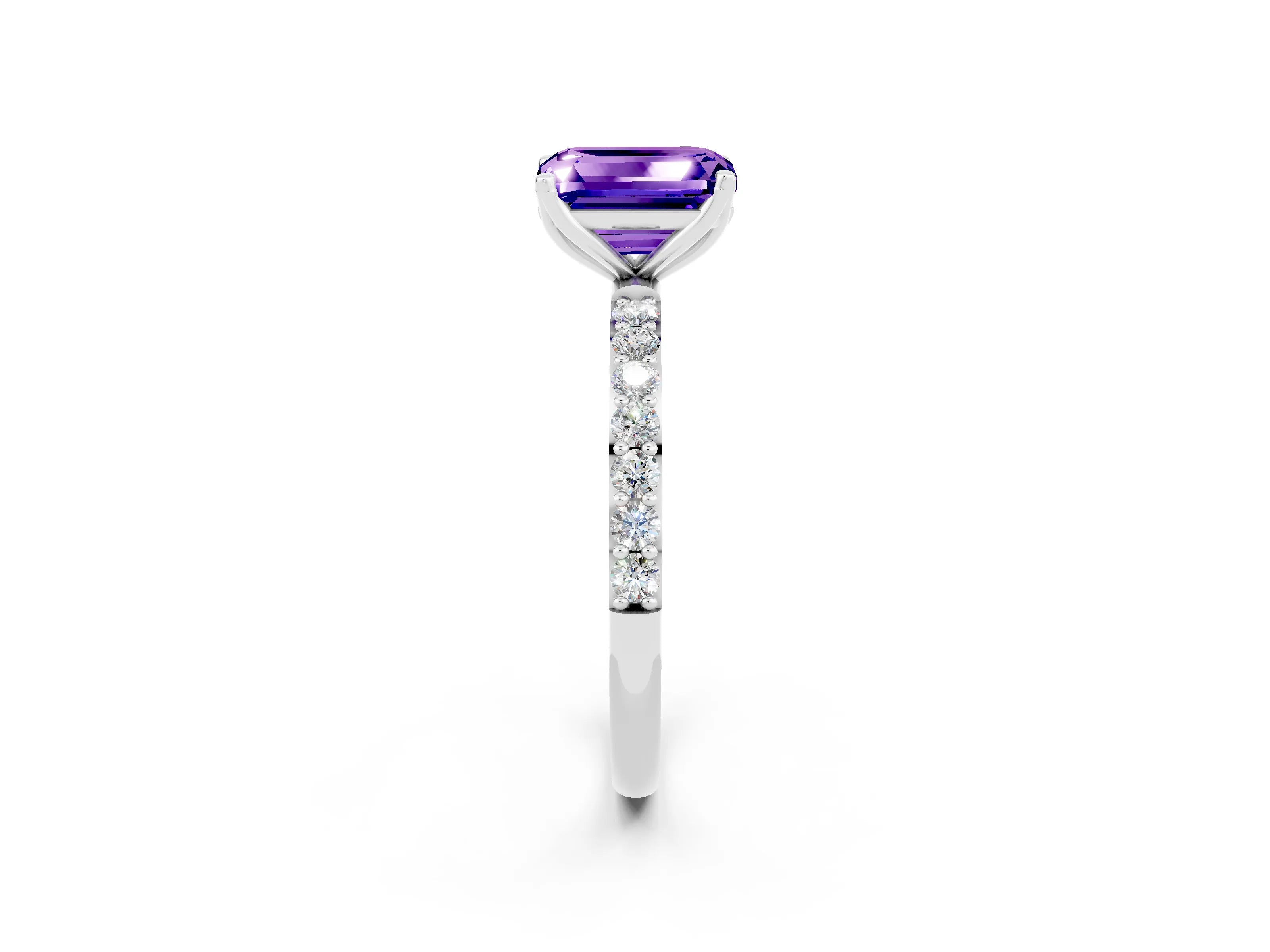 White gold Emerald Cut Tanzanite Solitaire Engagement Ring with Pavé Band and Prong Setting_2