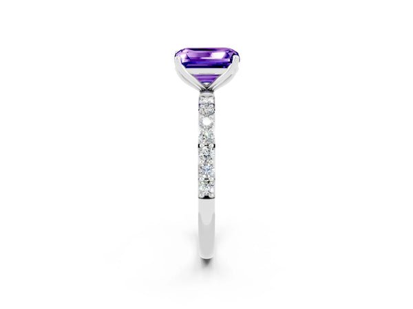 White gold Emerald Cut Tanzanite Solitaire Engagement Ring with Round  Pavé Band and Prong Setting