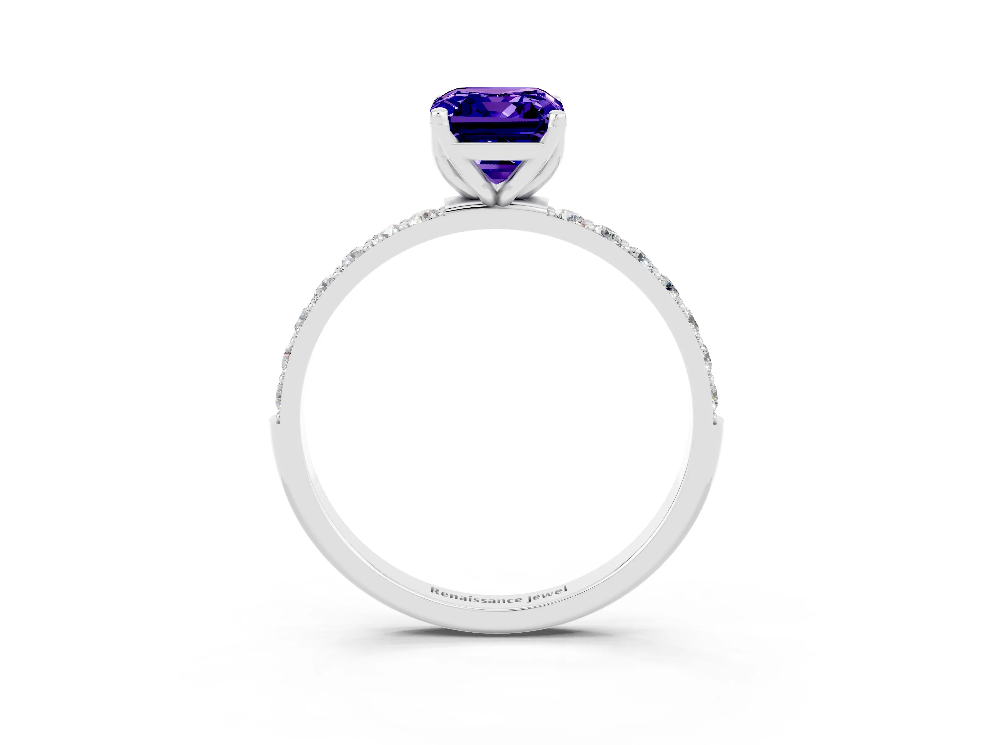 White gold Emerald Cut Tanzanite Solitaire Engagement Ring with Pavé Band and Prong Setting_3