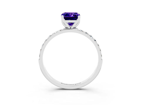 White gold Emerald Cut Tanzanite Solitaire Engagement Ring with Pavé Band and Prong Setting_3