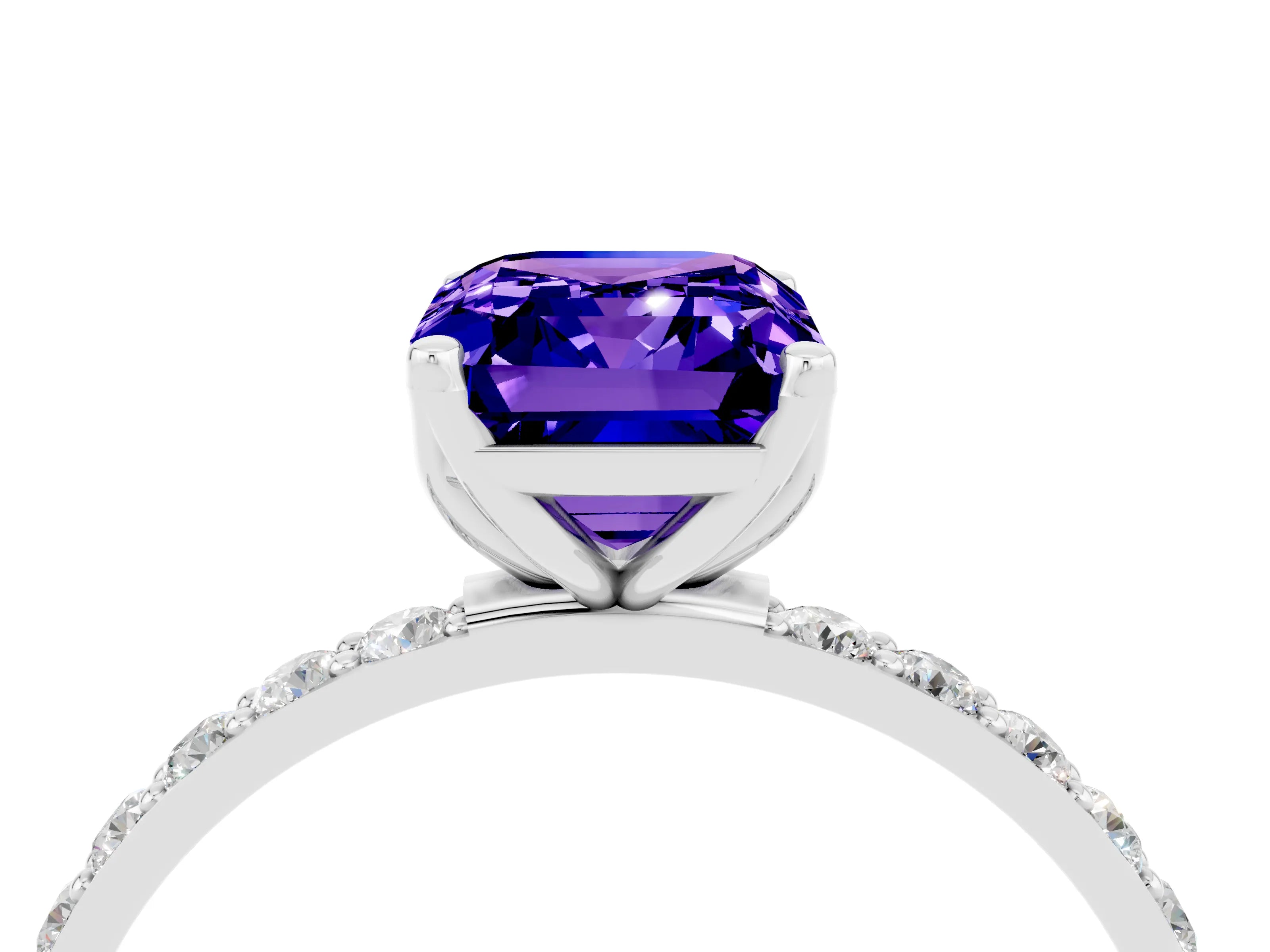White gold Emerald Cut Tanzanite Solitaire Engagement Ring with Pavé Band and Prong Setting_4