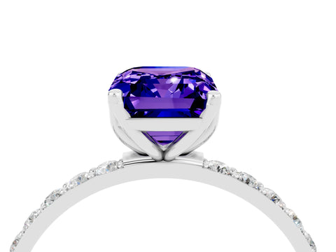 White gold Emerald Cut Tanzanite Solitaire Engagement Ring with Pavé Band and Prong Setting_4