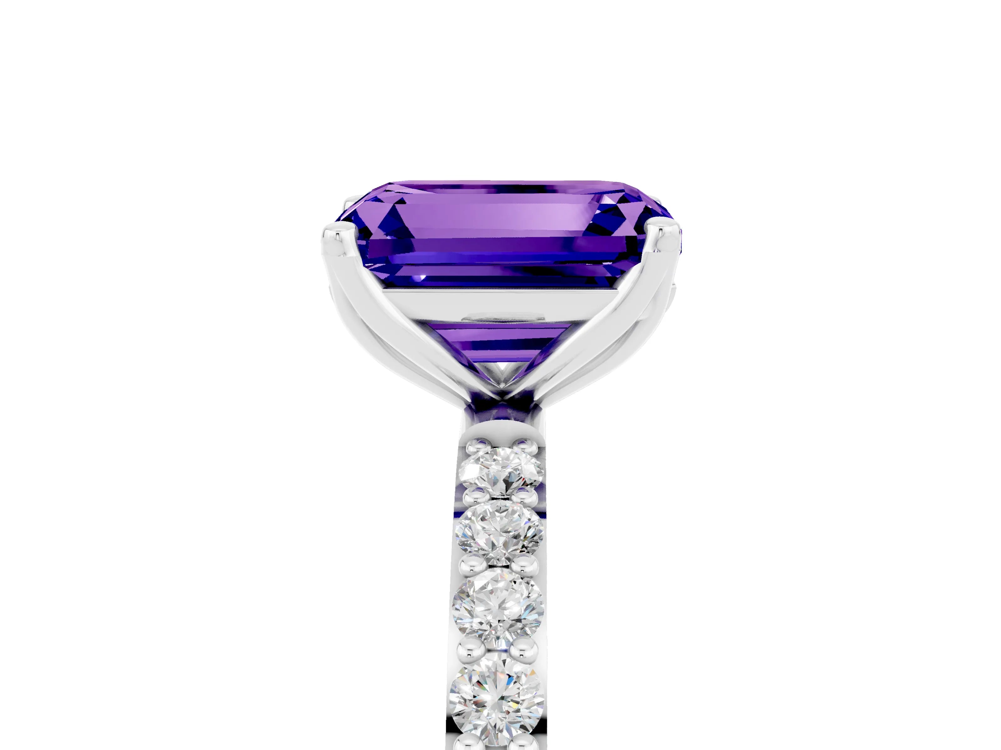 White gold Emerald Cut Tanzanite Solitaire Engagement Ring with Pavé Band and Prong Setting_5