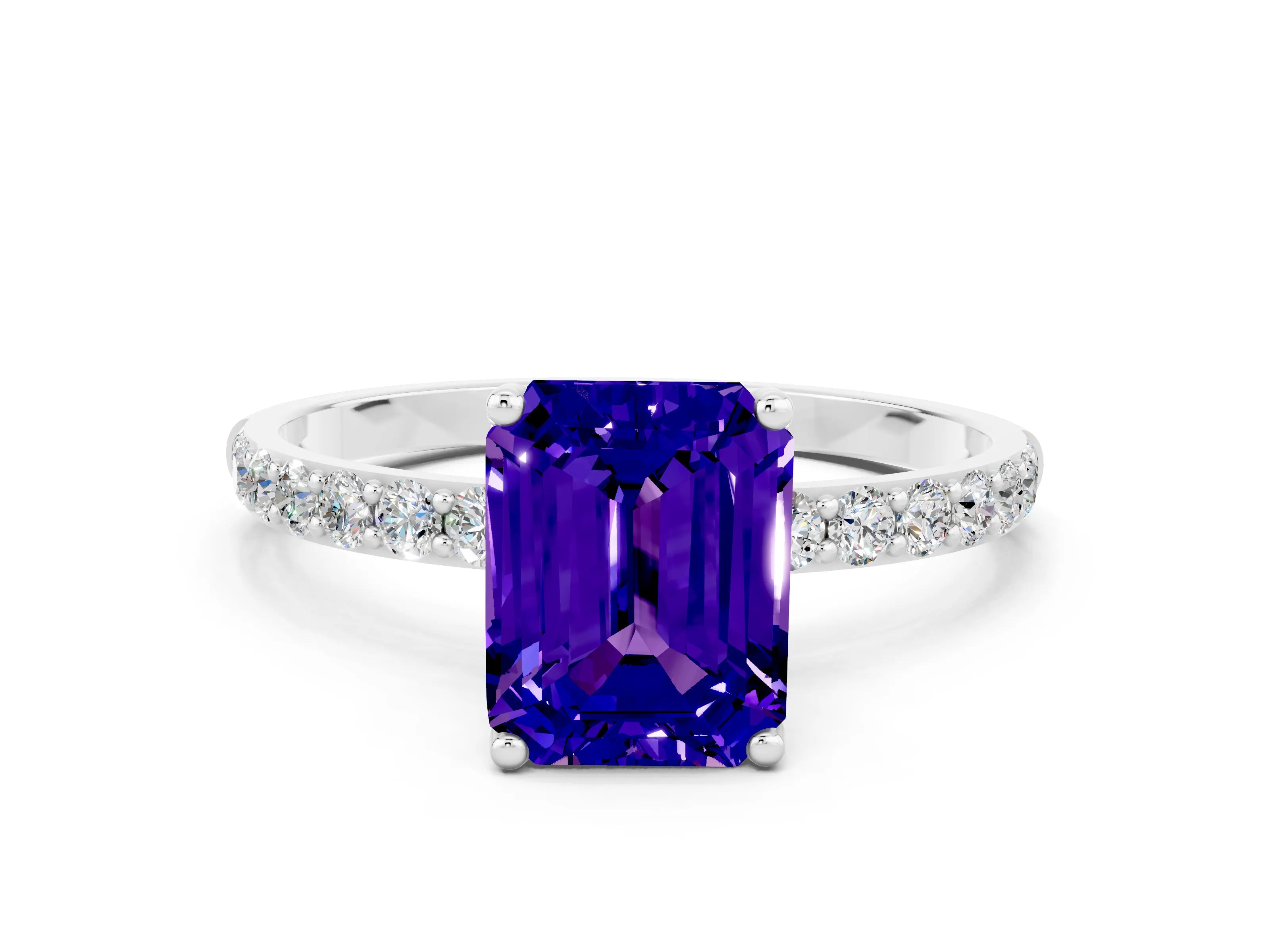 White gold Emerald Cut Tanzanite Solitaire Engagement Ring with Pavé Band and Prong Setting