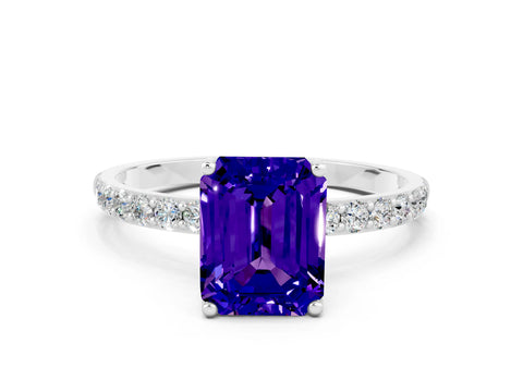 White gold Emerald Cut Tanzanite Solitaire Engagement Ring with Pavé Band and Prong Setting