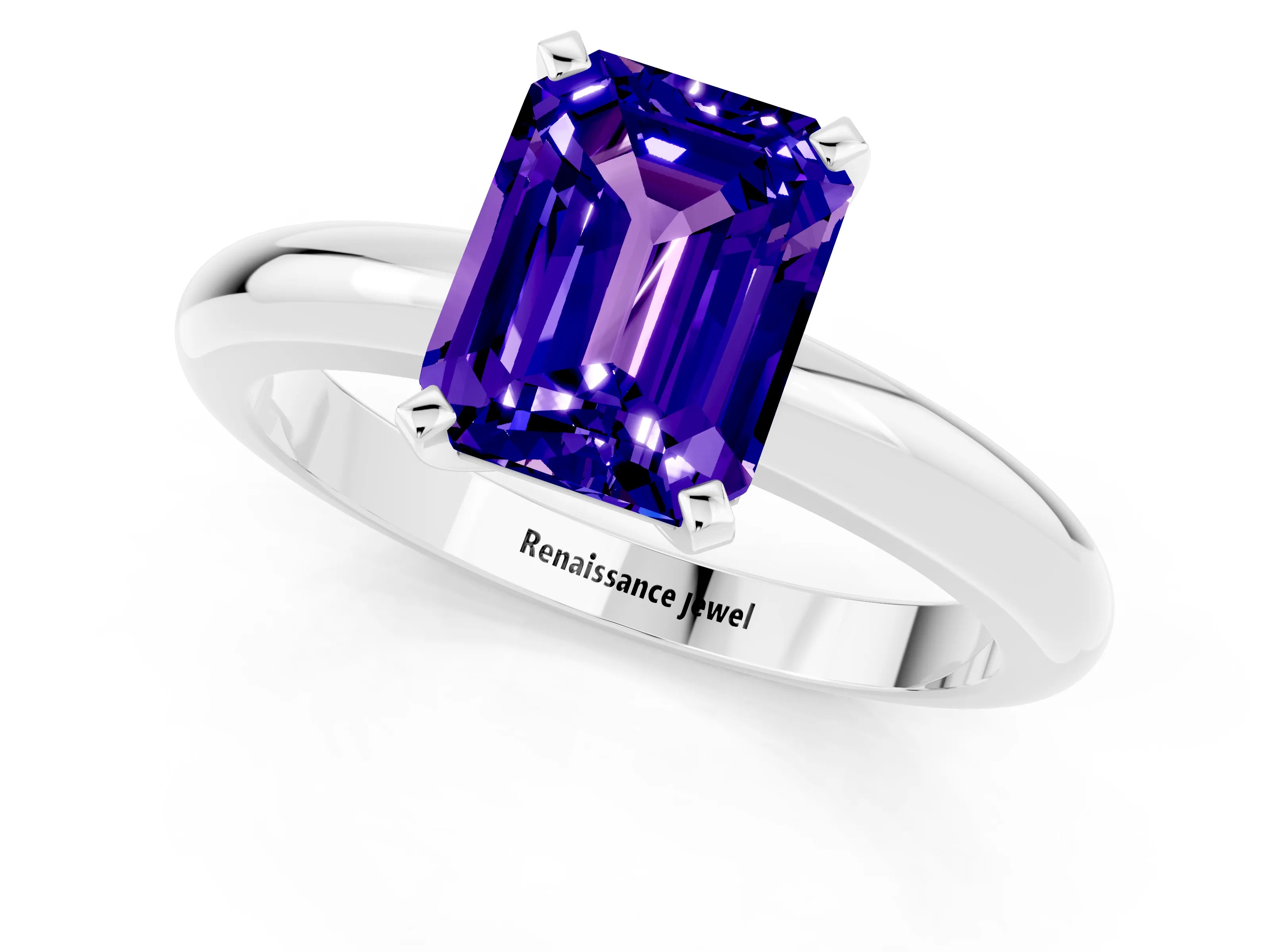 White gold Emerald Cut Tanzanite Solitaire Engagement Ring with Round Band and Four-Prong Setting_1