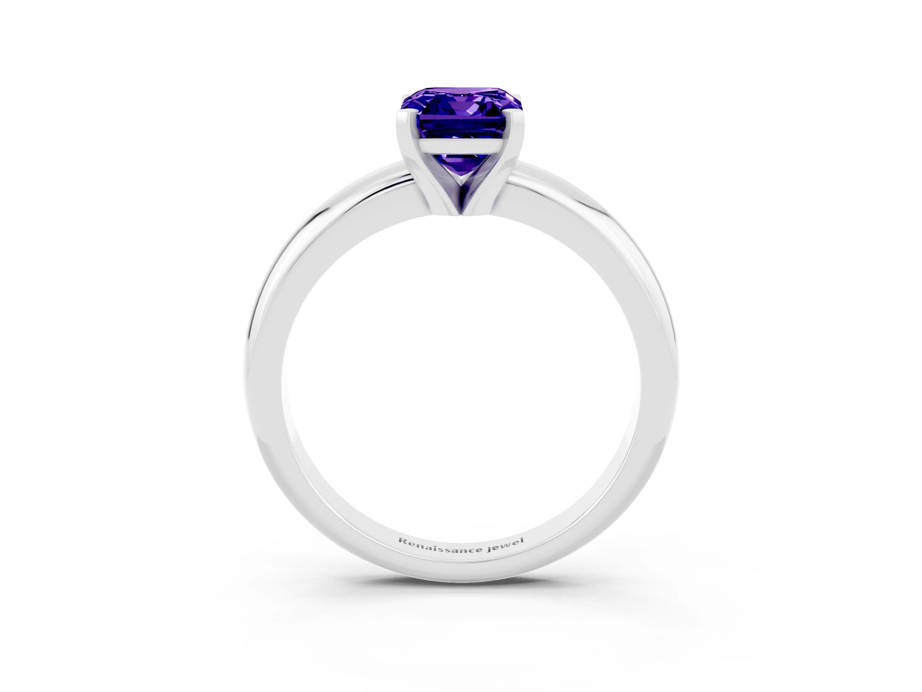 White gold Emerald Cut Tanzanite Solitaire Engagement Ring with Round Band and Four-Prong Setting_3