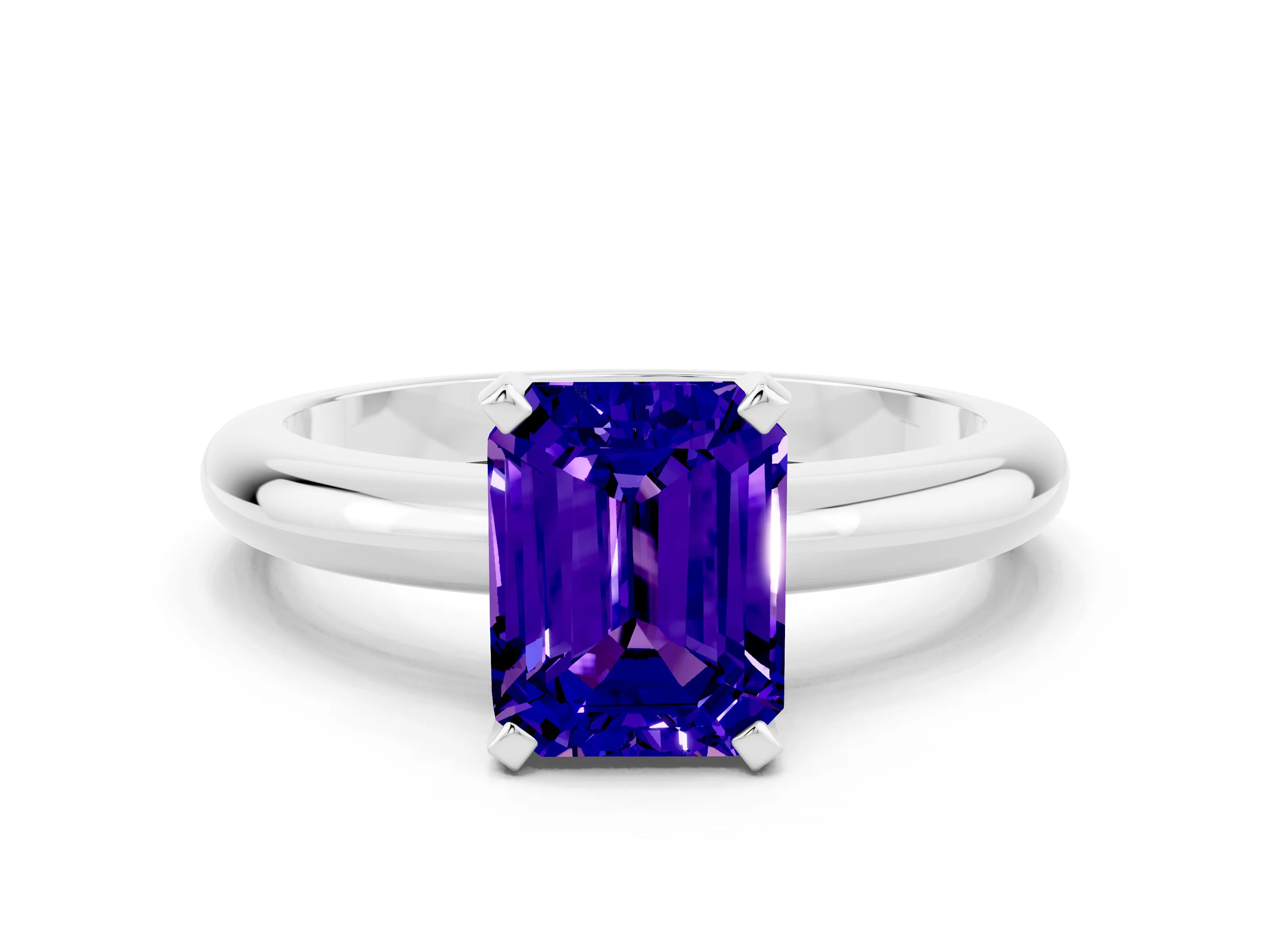 White gold Emerald Cut Tanzanite Solitaire Engagement Ring with Round Band and Four-Prong Setting