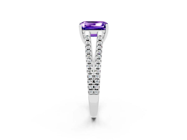 Platinum Emerald Cut Tanzanite Solitaire Engagement Ring with Split Shank Pavé Band