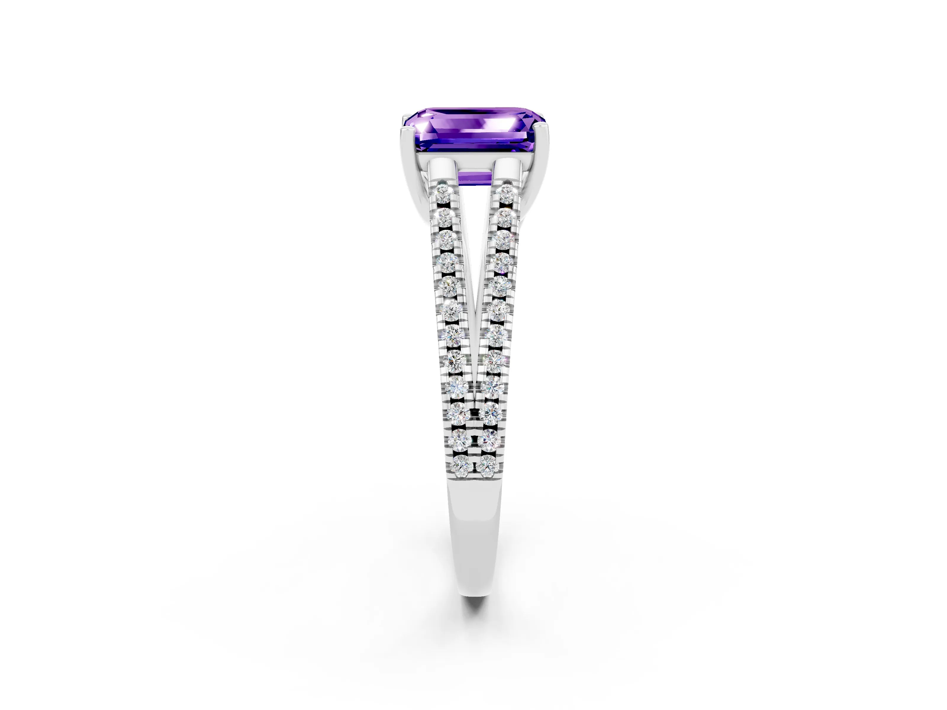 White gold Emerald Cut Tanzanite Solitaire Engagement Ring with Split Shank Pavé Band_2