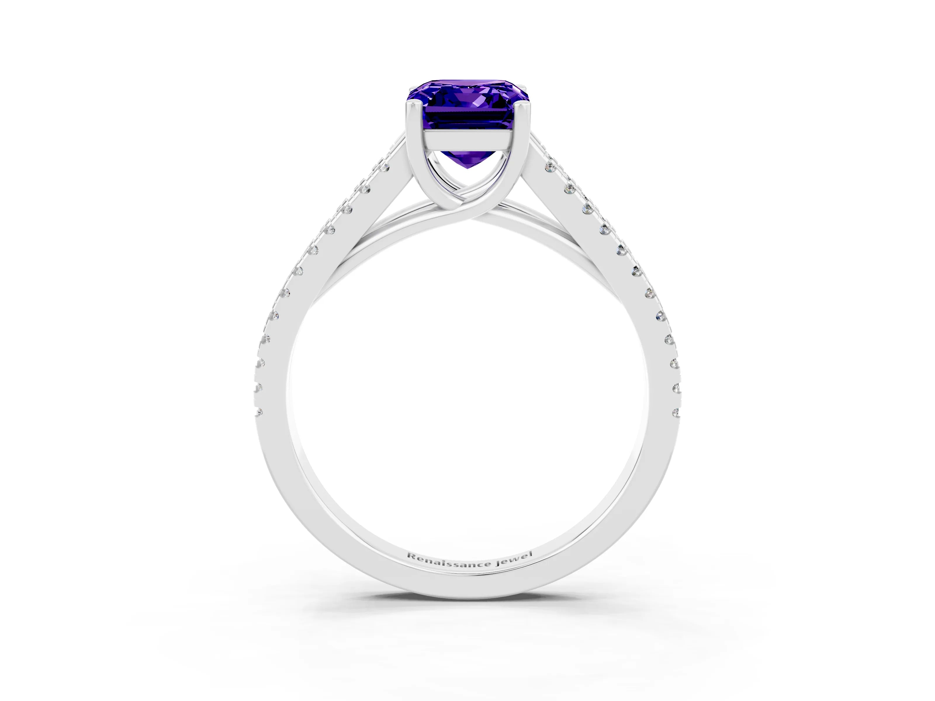 White gold Emerald Cut Tanzanite Solitaire Engagement Ring with Split Shank Pavé Band_3