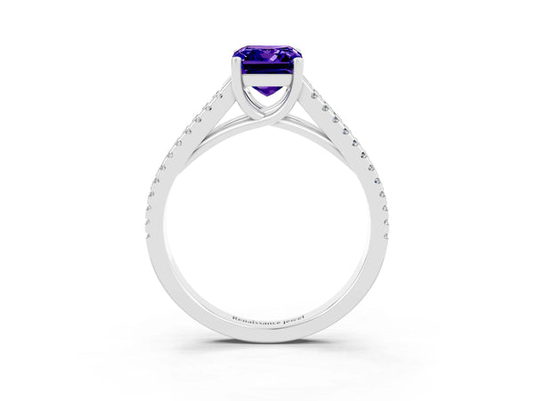 White gold Emerald Cut Tanzanite Solitaire Engagement Ring with Split Shank Pavé Band