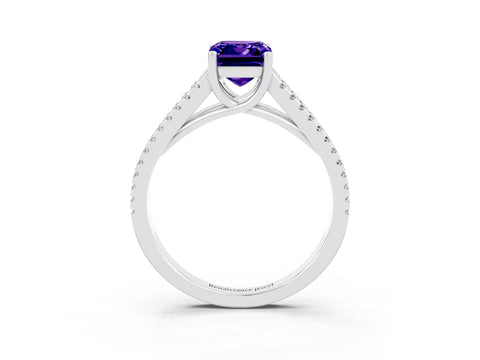 White gold Emerald Cut Tanzanite Solitaire Engagement Ring with Split Shank Pavé Band_3
