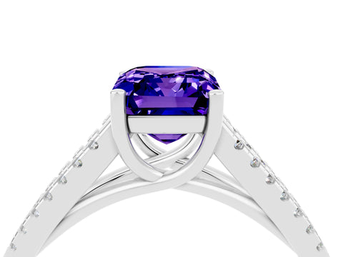 White gold Emerald Cut Tanzanite Solitaire Engagement Ring with Split Shank Pavé Band_4