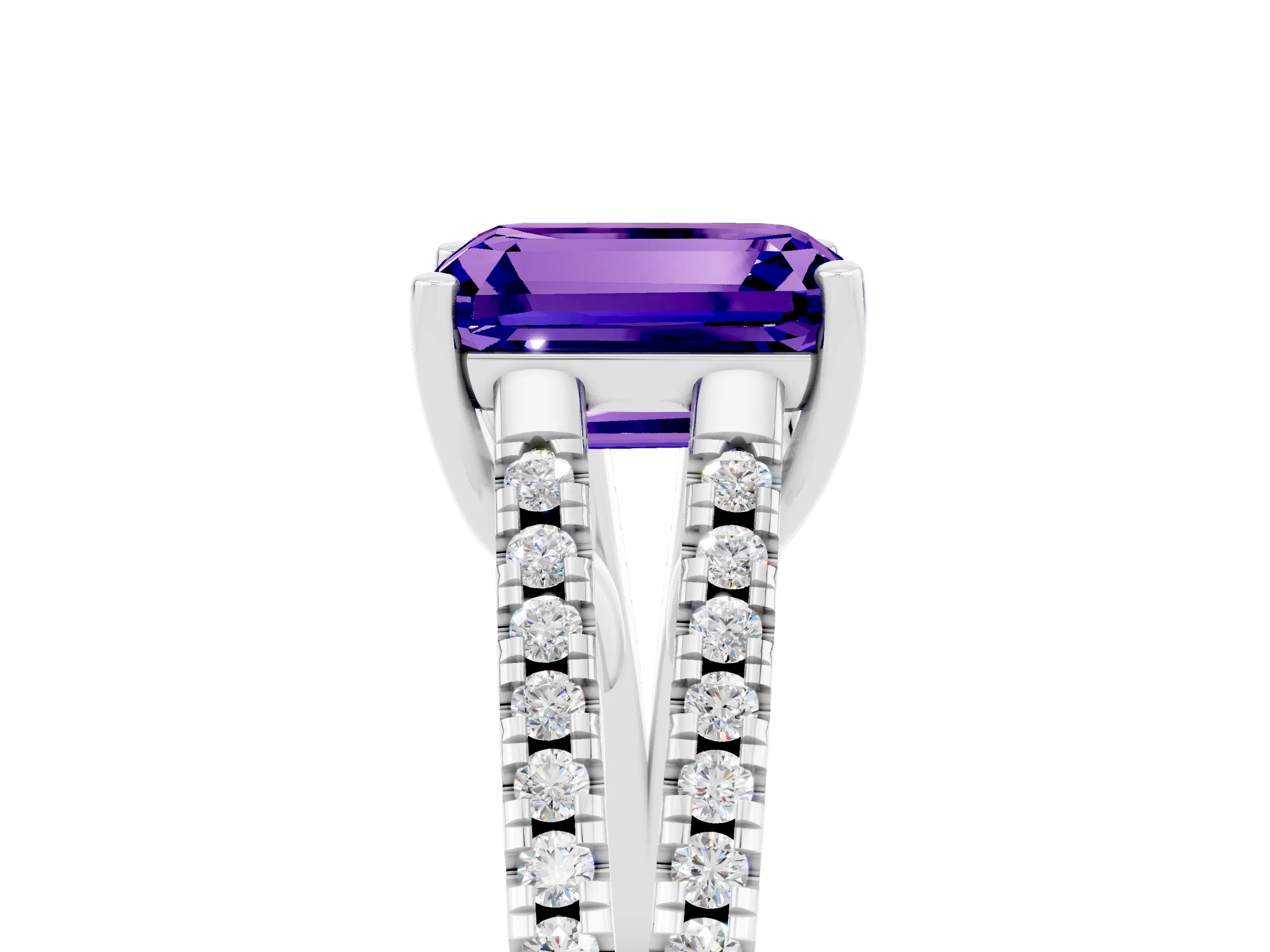 White gold Emerald Cut Tanzanite Solitaire Engagement Ring with Split Shank Pavé Band_5