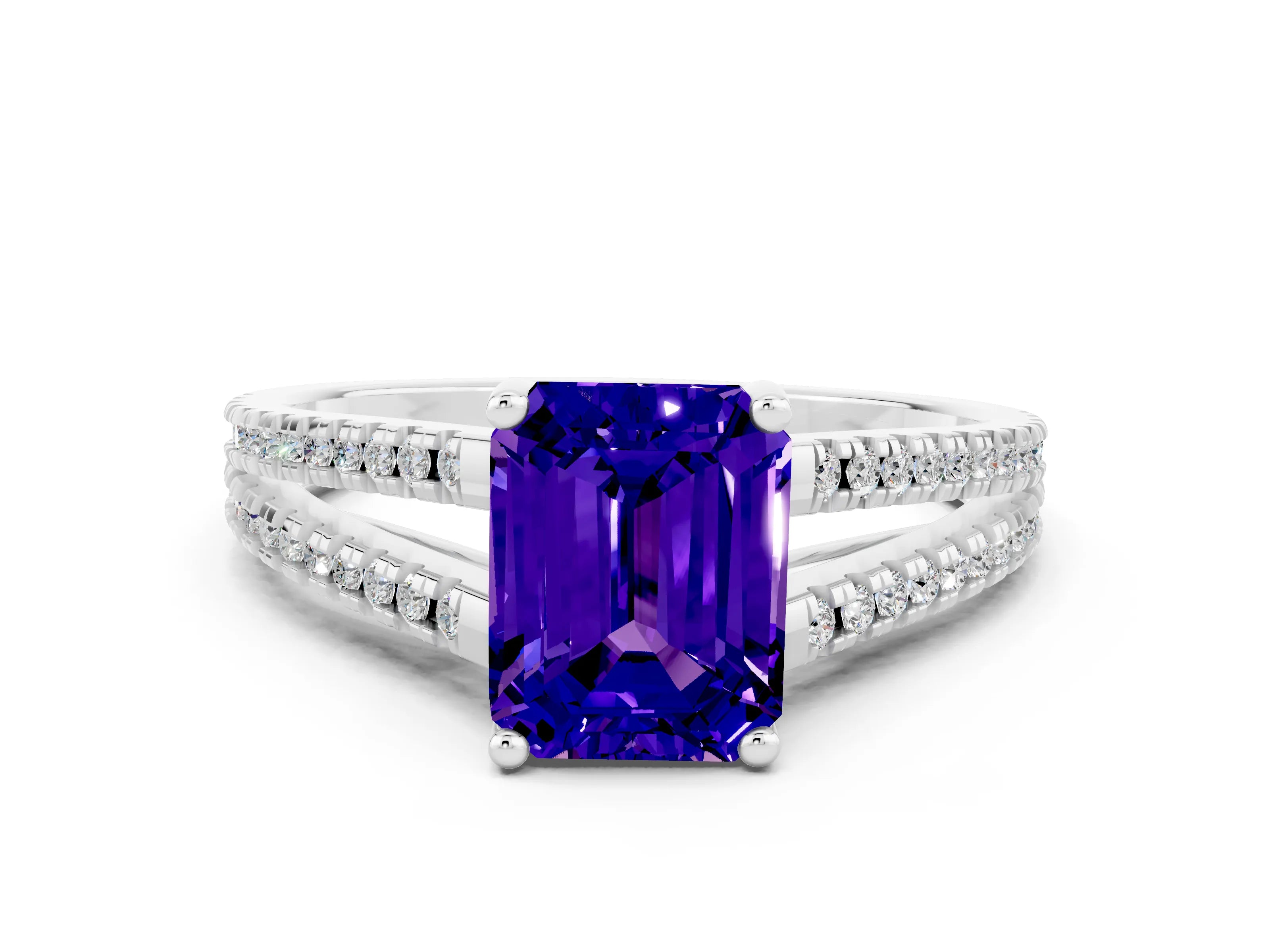 White gold Emerald Cut Tanzanite Solitaire Engagement Ring with Split Shank Pavé Band