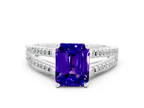 White gold Emerald Cut Tanzanite Solitaire Engagement Ring with Split Shank Pavé Band