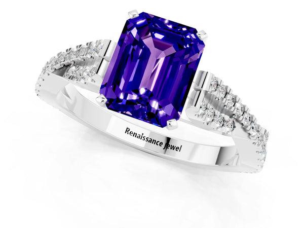 Platinum Emerald Cut Tanzanite Solitaire Engagement Ring with Twisted Pavé Band and Four-Prong Setting