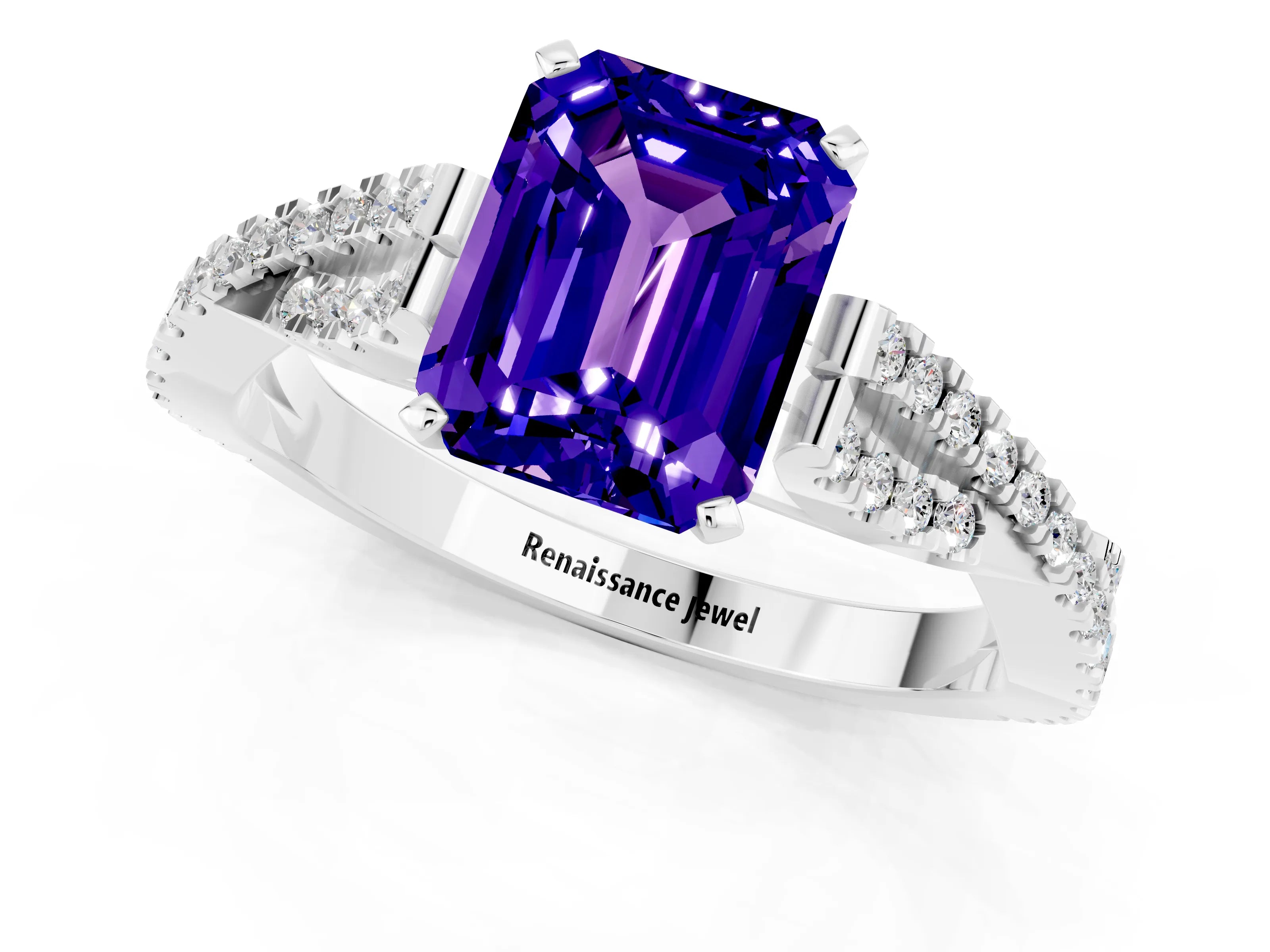 White gold Emerald Cut Tanzanite Solitaire Engagement Ring with Twisted Pavé Band and Four-Prong Setting_1