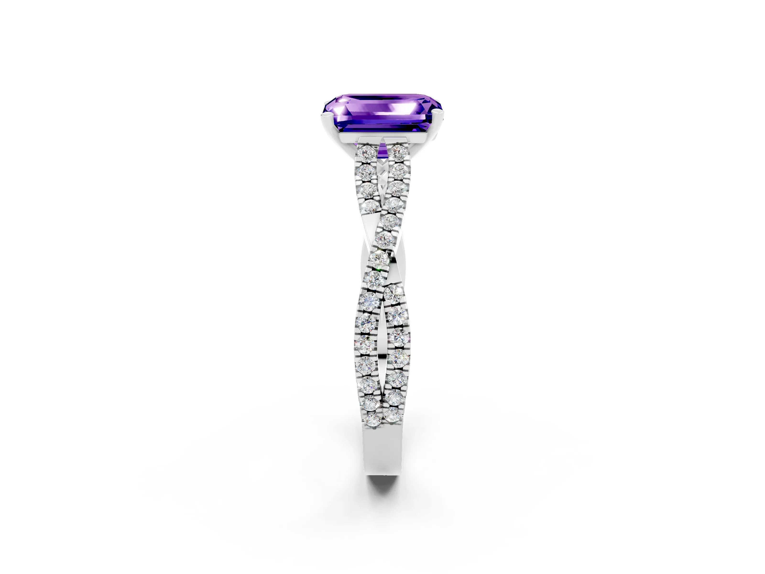 White gold Emerald Cut Tanzanite Solitaire Engagement Ring with Twisted Pavé Band and Four-Prong Setting_2