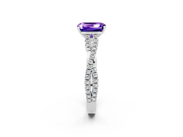 White gold Emerald Cut Tanzanite Solitaire Engagement Ring with Twisted Pavé Band and Four-Prong Setting