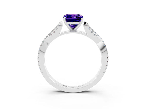 Silver Emerald Cut Tanzanite Solitaire Engagement Ring with Twisted Pavé Band and Four-Prong Setting