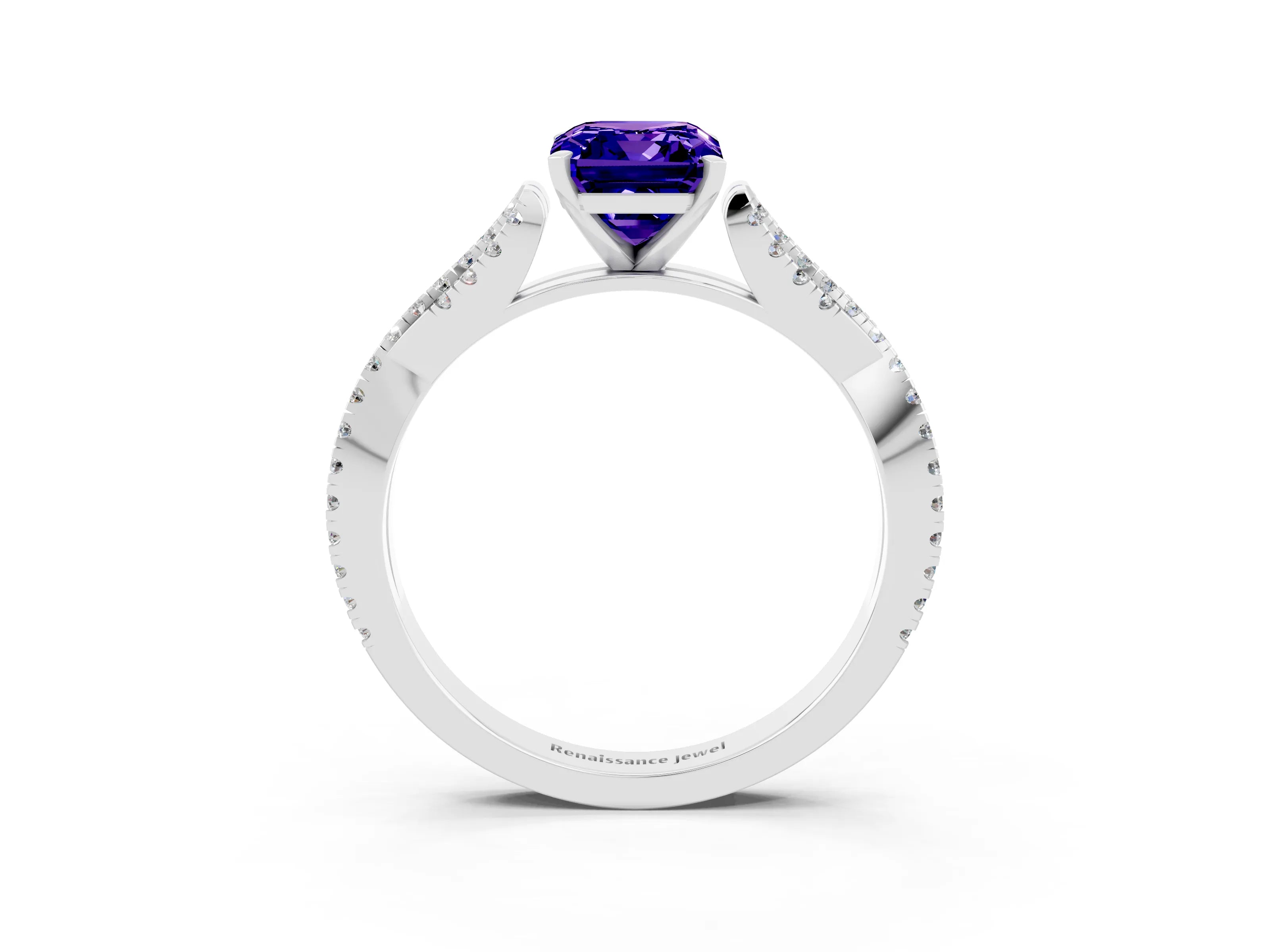 White gold Emerald Cut Tanzanite Solitaire Engagement Ring with Twisted Pavé Band and Four-Prong Setting_3
