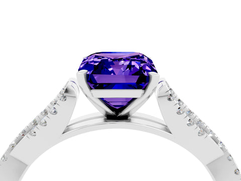 White gold Emerald Cut Tanzanite Solitaire Engagement Ring with Twisted Pavé Band and Four-Prong Setting_4