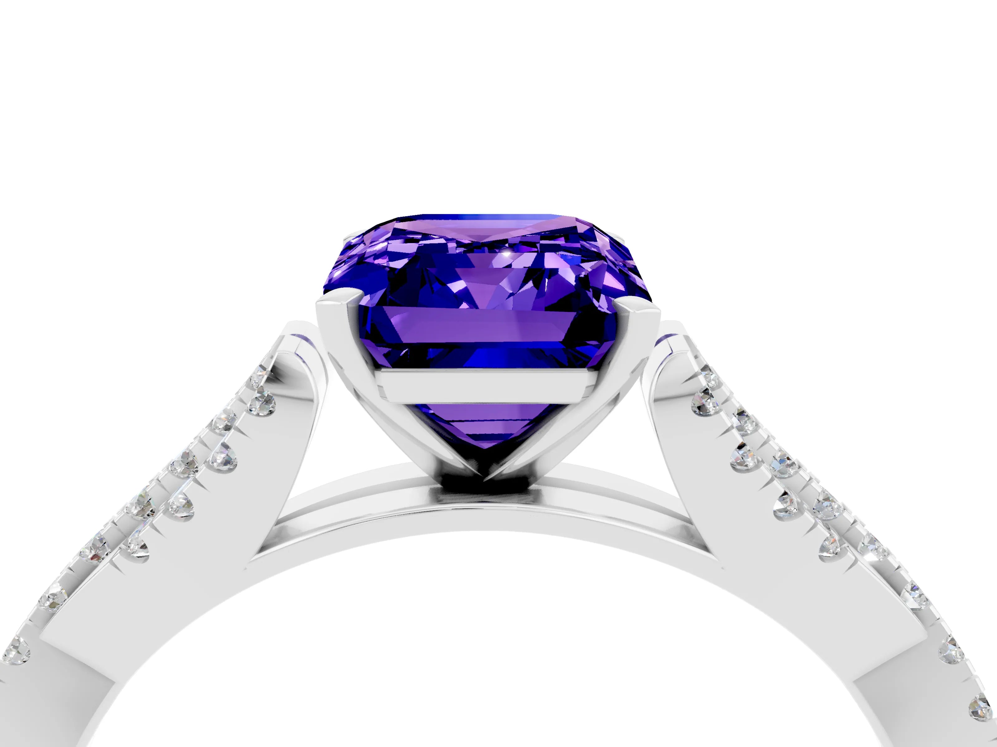 White gold Emerald Cut Tanzanite Solitaire Engagement Ring with Twisted Pavé Band and Four-Prong Setting_4