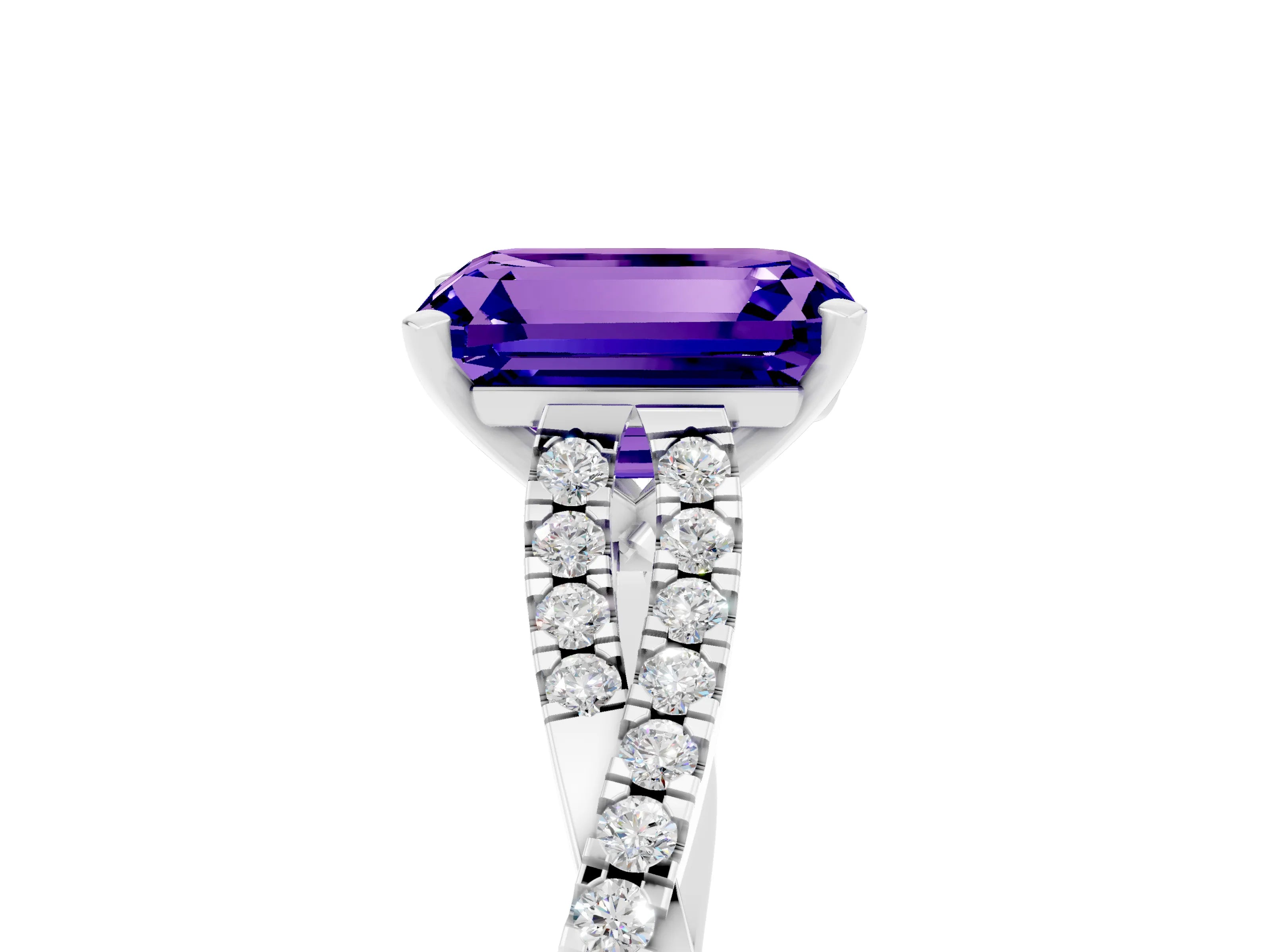 White gold Emerald Cut Tanzanite Solitaire Engagement Ring with Twisted Pavé Band and Four-Prong Setting_5