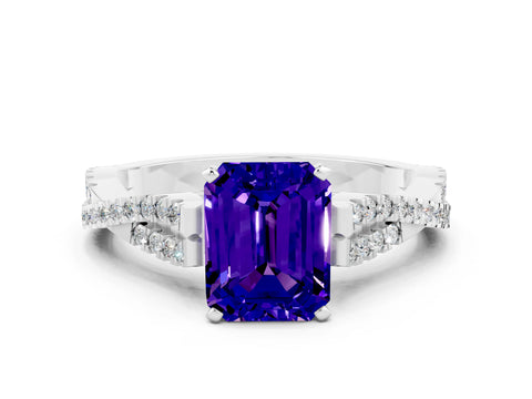 White gold Emerald Cut Tanzanite Solitaire Engagement Ring with Twisted Pavé Band and Four-Prong Setting