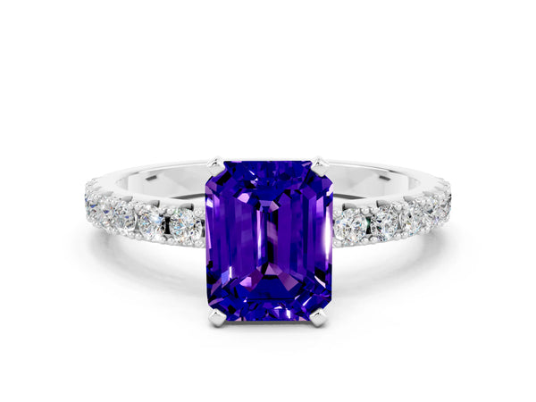 Platinum Emerald Cut Tanzanite Solitaire Pavé Band with Four-Prong Setting