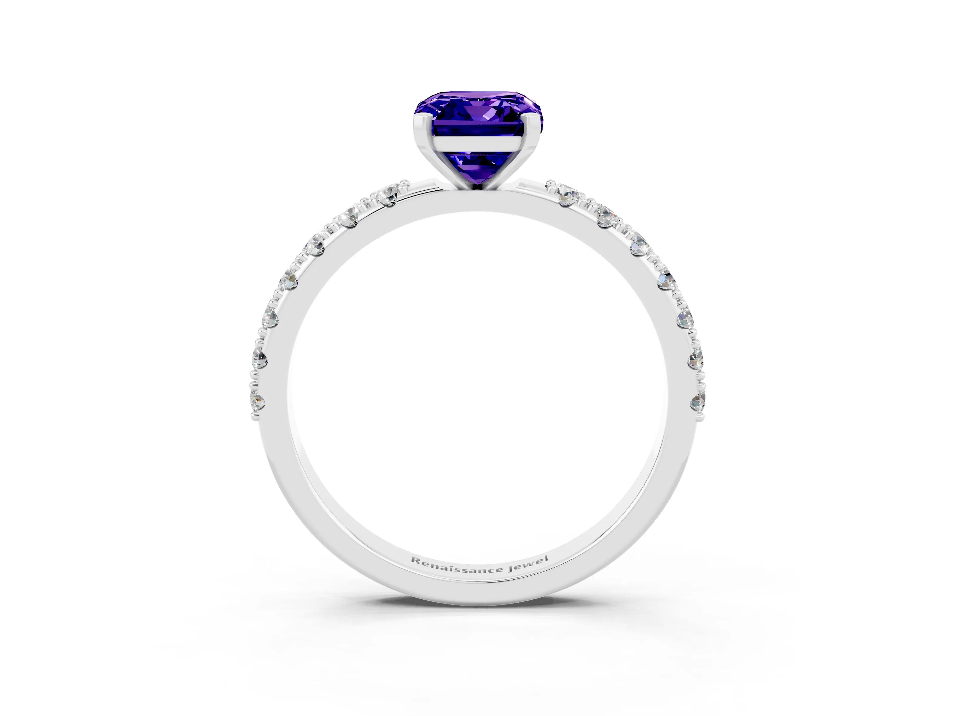White gold Emerald Cut Tanzanite Solitaire Pavé Band with Four-Prong Setting_3