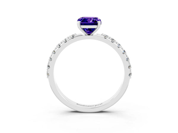 Platinum Emerald Cut Tanzanite Solitaire Pavé Band with Four-Prong Setting