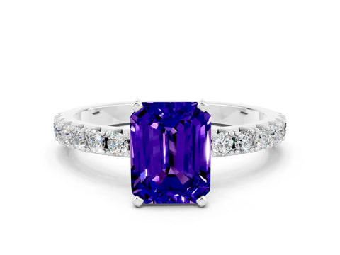 White gold Emerald Cut Tanzanite Solitaire Pavé Band with Four-Prong Setting