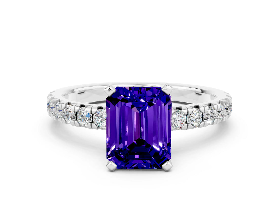 White gold Emerald Cut Tanzanite Solitaire Pavé Engagement Ring with Round Band and Prong Setting_66