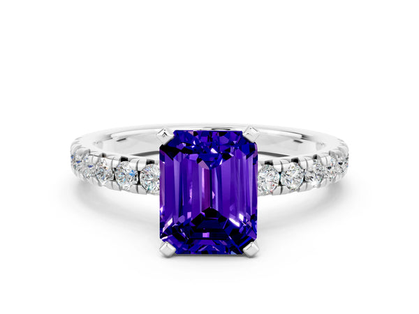 Platinum Emerald Cut Tanzanite Solitaire Pavé Engagement Ring with Round Band and Prong Setting