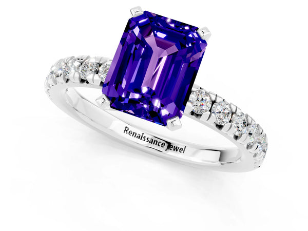 Silver Emerald Cut Tanzanite Solitaire Pavé Engagement Ring with Round Band and Prong Setting