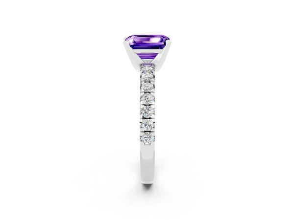 Platinum Emerald Cut Tanzanite Solitaire Pavé Engagement Ring with Round Band and Prong Setting