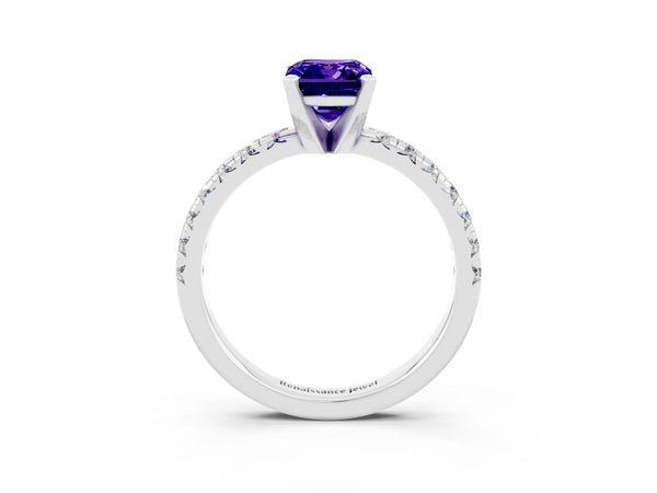 Platinum Emerald Cut Tanzanite Solitaire Pavé Engagement Ring with Round Band and Prong Setting