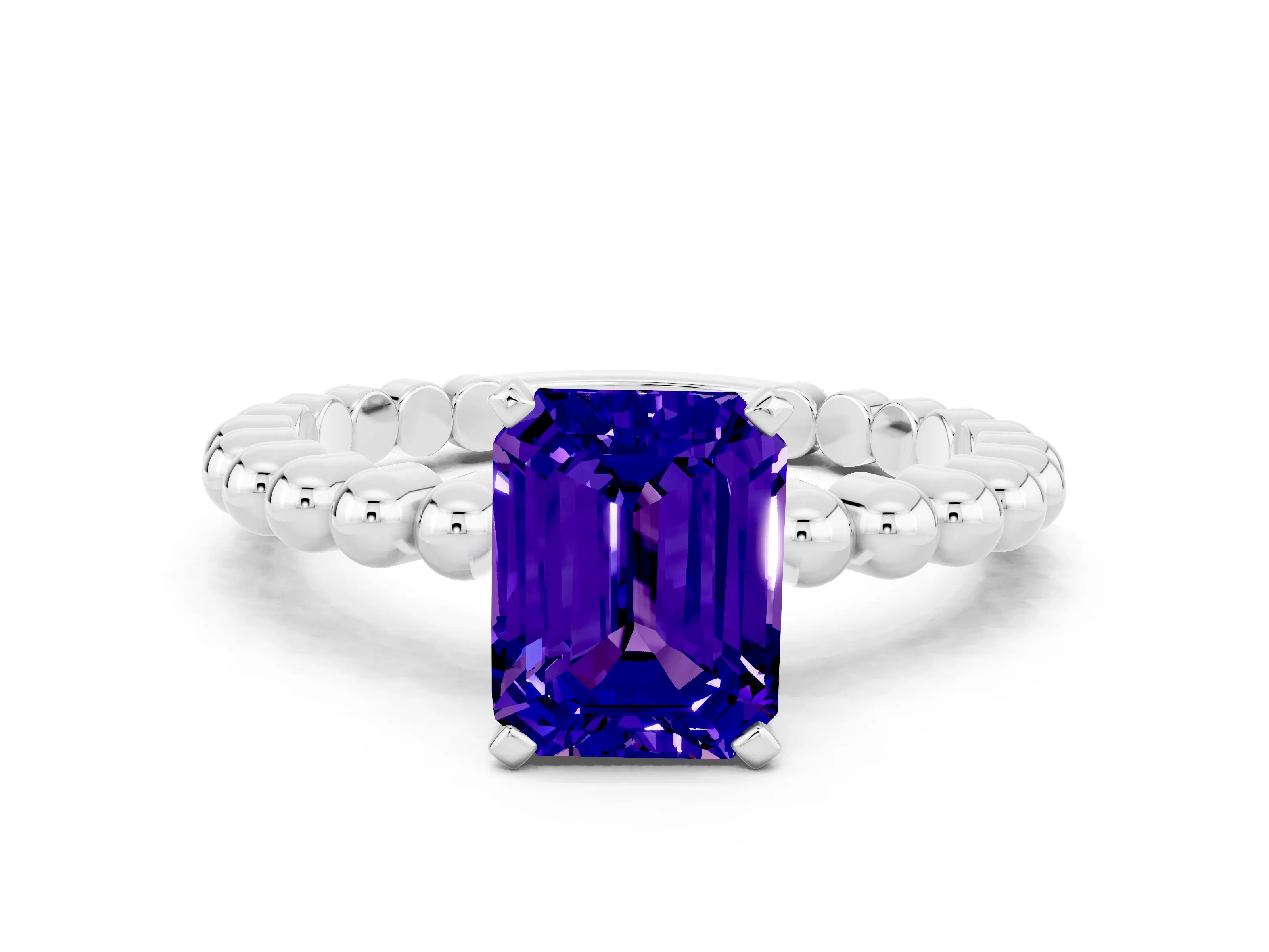 White gold Emerald Cut Tanzanite Solitaire Ring with Beaded Band and Prong Setting_12