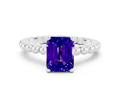 White gold Emerald Cut Tanzanite Solitaire Ring with Beaded Band and Prong Setting_12